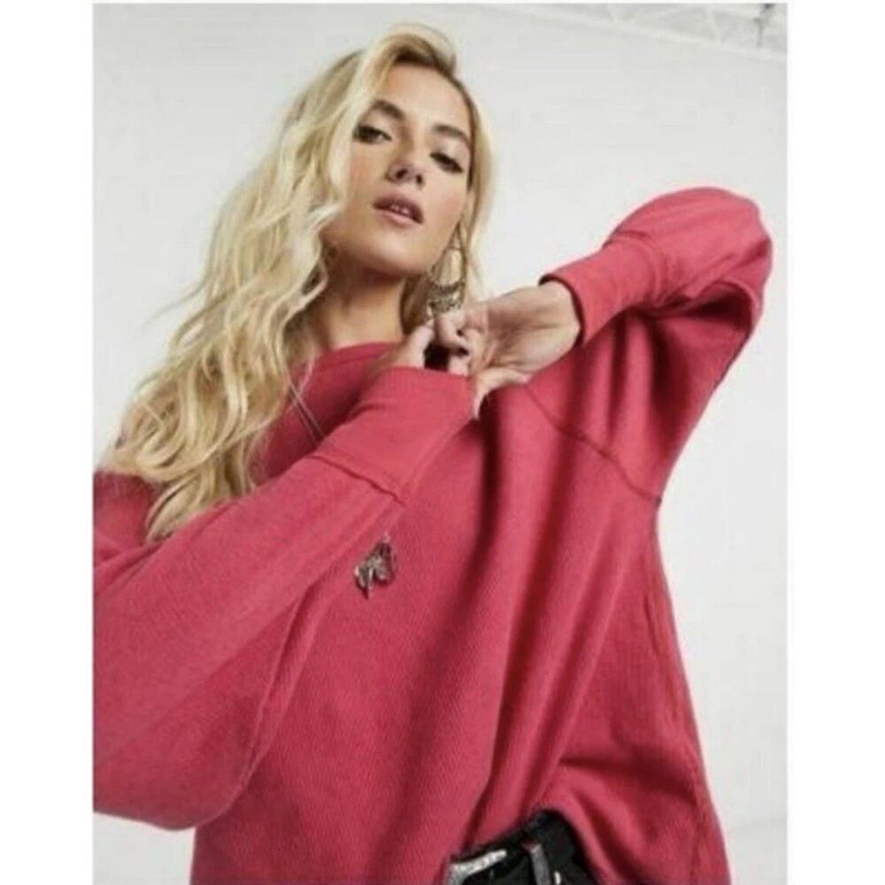 We The Free Amelia Thermal Waffle Knit Flor De Mayo Pink Sz L Oversized Boho